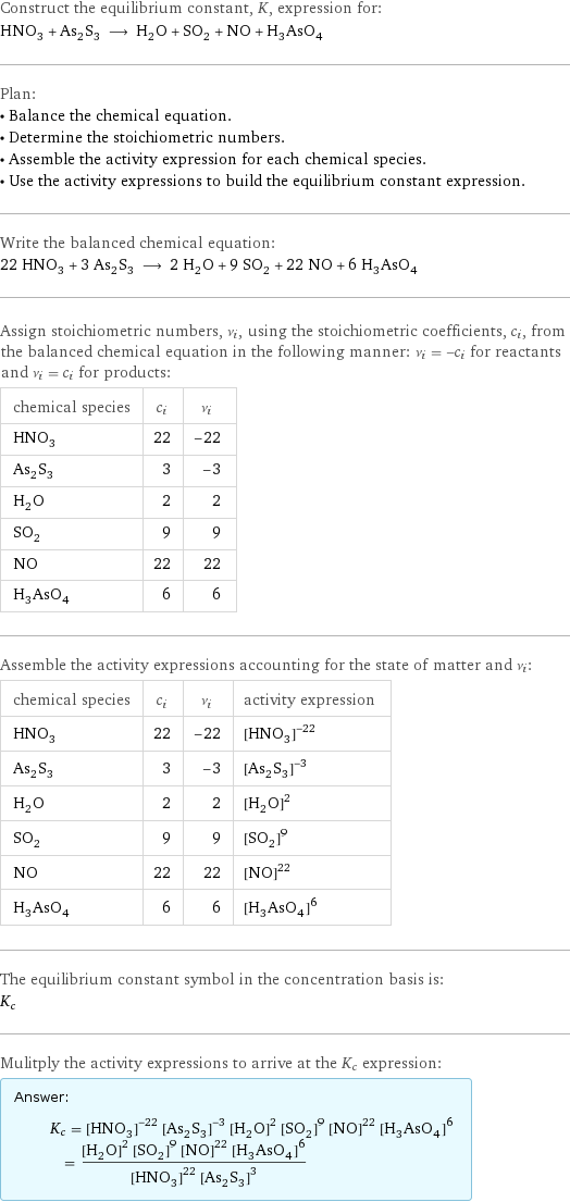 Construct the equilibrium constant, K, expression for: HNO_3 + As_2S_3 ⟶ H_2O + SO_2 + NO + H_3AsO_4 Plan: • Balance the chemical equation. • Determine the stoichiometric numbers. • Assemble the activity expression for each chemical species. • Use the activity expressions to build the equilibrium constant expression. Write the balanced chemical equation: 22 HNO_3 + 3 As_2S_3 ⟶ 2 H_2O + 9 SO_2 + 22 NO + 6 H_3AsO_4 Assign stoichiometric numbers, ν_i, using the stoichiometric coefficients, c_i, from the balanced chemical equation in the following manner: ν_i = -c_i for reactants and ν_i = c_i for products: chemical species | c_i | ν_i HNO_3 | 22 | -22 As_2S_3 | 3 | -3 H_2O | 2 | 2 SO_2 | 9 | 9 NO | 22 | 22 H_3AsO_4 | 6 | 6 Assemble the activity expressions accounting for the state of matter and ν_i: chemical species | c_i | ν_i | activity expression HNO_3 | 22 | -22 | ([HNO3])^(-22) As_2S_3 | 3 | -3 | ([As2S3])^(-3) H_2O | 2 | 2 | ([H2O])^2 SO_2 | 9 | 9 | ([SO2])^9 NO | 22 | 22 | ([NO])^22 H_3AsO_4 | 6 | 6 | ([H3AsO4])^6 The equilibrium constant symbol in the concentration basis is: K_c Mulitply the activity expressions to arrive at the K_c expression: Answer: |   | K_c = ([HNO3])^(-22) ([As2S3])^(-3) ([H2O])^2 ([SO2])^9 ([NO])^22 ([H3AsO4])^6 = (([H2O])^2 ([SO2])^9 ([NO])^22 ([H3AsO4])^6)/(([HNO3])^22 ([As2S3])^3)