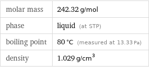 molar mass | 242.32 g/mol phase | liquid (at STP) boiling point | 80 °C (measured at 13.33 Pa) density | 1.029 g/cm^3