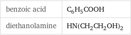 benzoic acid | C_6H_5COOH diethanolamine | HN(CH_2CH_2OH)_2