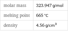 molar mass | 323.947 g/mol melting point | 665 °C density | 4.56 g/cm^3