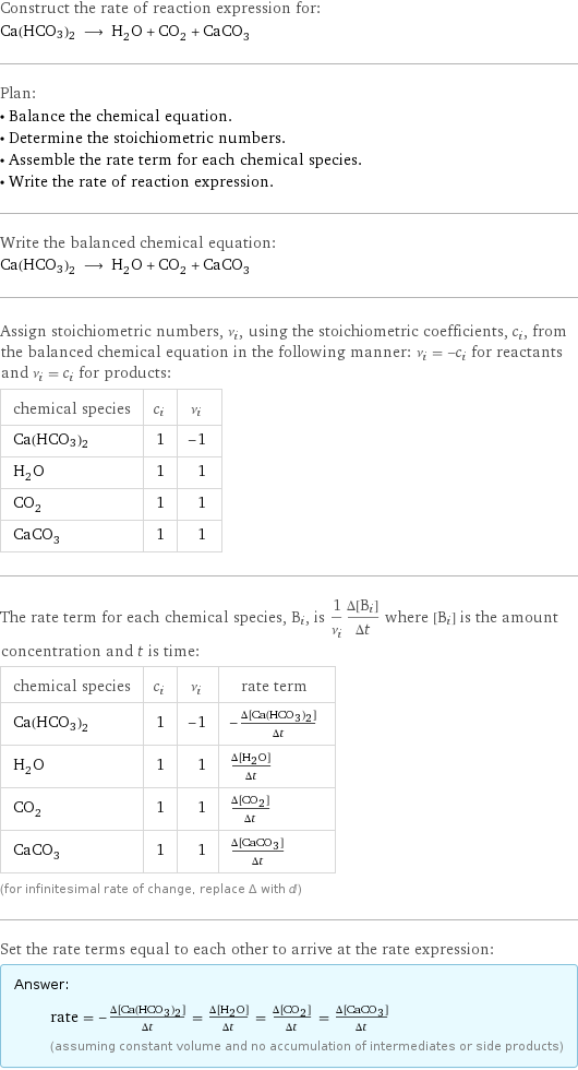 Construct the rate of reaction expression for: Ca(HCO3)2 ⟶ H_2O + CO_2 + CaCO_3 Plan: • Balance the chemical equation. • Determine the stoichiometric numbers. • Assemble the rate term for each chemical species. • Write the rate of reaction expression. Write the balanced chemical equation: Ca(HCO3)2 ⟶ H_2O + CO_2 + CaCO_3 Assign stoichiometric numbers, ν_i, using the stoichiometric coefficients, c_i, from the balanced chemical equation in the following manner: ν_i = -c_i for reactants and ν_i = c_i for products: chemical species | c_i | ν_i Ca(HCO3)2 | 1 | -1 H_2O | 1 | 1 CO_2 | 1 | 1 CaCO_3 | 1 | 1 The rate term for each chemical species, B_i, is 1/ν_i(Δ[B_i])/(Δt) where [B_i] is the amount concentration and t is time: chemical species | c_i | ν_i | rate term Ca(HCO3)2 | 1 | -1 | -(Δ[Ca(HCO3)2])/(Δt) H_2O | 1 | 1 | (Δ[H2O])/(Δt) CO_2 | 1 | 1 | (Δ[CO2])/(Δt) CaCO_3 | 1 | 1 | (Δ[CaCO3])/(Δt) (for infinitesimal rate of change, replace Δ with d) Set the rate terms equal to each other to arrive at the rate expression: Answer: |   | rate = -(Δ[Ca(HCO3)2])/(Δt) = (Δ[H2O])/(Δt) = (Δ[CO2])/(Δt) = (Δ[CaCO3])/(Δt) (assuming constant volume and no accumulation of intermediates or side products)