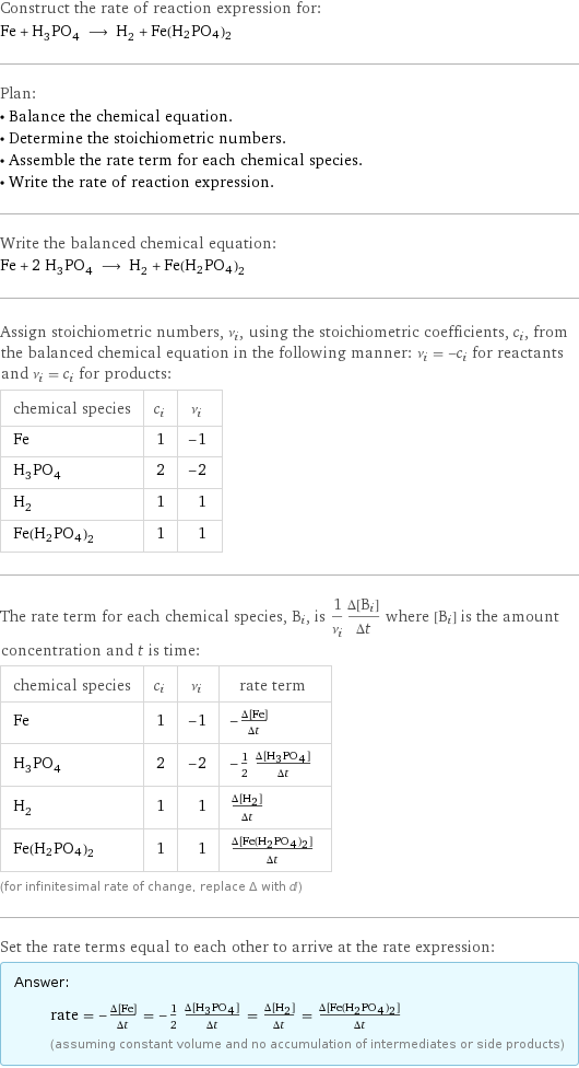 Construct the rate of reaction expression for: Fe + H_3PO_4 ⟶ H_2 + Fe(H2PO4)2 Plan: • Balance the chemical equation. • Determine the stoichiometric numbers. • Assemble the rate term for each chemical species. • Write the rate of reaction expression. Write the balanced chemical equation: Fe + 2 H_3PO_4 ⟶ H_2 + Fe(H2PO4)2 Assign stoichiometric numbers, ν_i, using the stoichiometric coefficients, c_i, from the balanced chemical equation in the following manner: ν_i = -c_i for reactants and ν_i = c_i for products: chemical species | c_i | ν_i Fe | 1 | -1 H_3PO_4 | 2 | -2 H_2 | 1 | 1 Fe(H2PO4)2 | 1 | 1 The rate term for each chemical species, B_i, is 1/ν_i(Δ[B_i])/(Δt) where [B_i] is the amount concentration and t is time: chemical species | c_i | ν_i | rate term Fe | 1 | -1 | -(Δ[Fe])/(Δt) H_3PO_4 | 2 | -2 | -1/2 (Δ[H3PO4])/(Δt) H_2 | 1 | 1 | (Δ[H2])/(Δt) Fe(H2PO4)2 | 1 | 1 | (Δ[Fe(H2PO4)2])/(Δt) (for infinitesimal rate of change, replace Δ with d) Set the rate terms equal to each other to arrive at the rate expression: Answer: |   | rate = -(Δ[Fe])/(Δt) = -1/2 (Δ[H3PO4])/(Δt) = (Δ[H2])/(Δt) = (Δ[Fe(H2PO4)2])/(Δt) (assuming constant volume and no accumulation of intermediates or side products)