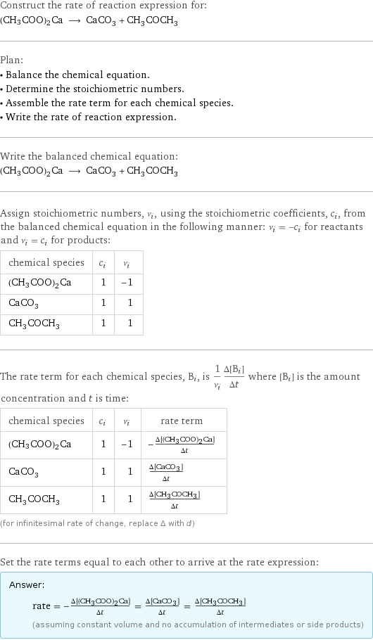 Construct the rate of reaction expression for: (CH3COO)2Ca ⟶ CaCO_3 + CH_3COCH_3 Plan: • Balance the chemical equation. • Determine the stoichiometric numbers. • Assemble the rate term for each chemical species. • Write the rate of reaction expression. Write the balanced chemical equation: (CH3COO)2Ca ⟶ CaCO_3 + CH_3COCH_3 Assign stoichiometric numbers, ν_i, using the stoichiometric coefficients, c_i, from the balanced chemical equation in the following manner: ν_i = -c_i for reactants and ν_i = c_i for products: chemical species | c_i | ν_i (CH3COO)2Ca | 1 | -1 CaCO_3 | 1 | 1 CH_3COCH_3 | 1 | 1 The rate term for each chemical species, B_i, is 1/ν_i(Δ[B_i])/(Δt) where [B_i] is the amount concentration and t is time: chemical species | c_i | ν_i | rate term (CH3COO)2Ca | 1 | -1 | -(Δ[(CH3COO)2Ca])/(Δt) CaCO_3 | 1 | 1 | (Δ[CaCO3])/(Δt) CH_3COCH_3 | 1 | 1 | (Δ[CH3COCH3])/(Δt) (for infinitesimal rate of change, replace Δ with d) Set the rate terms equal to each other to arrive at the rate expression: Answer: |   | rate = -(Δ[(CH3COO)2Ca])/(Δt) = (Δ[CaCO3])/(Δt) = (Δ[CH3COCH3])/(Δt) (assuming constant volume and no accumulation of intermediates or side products)