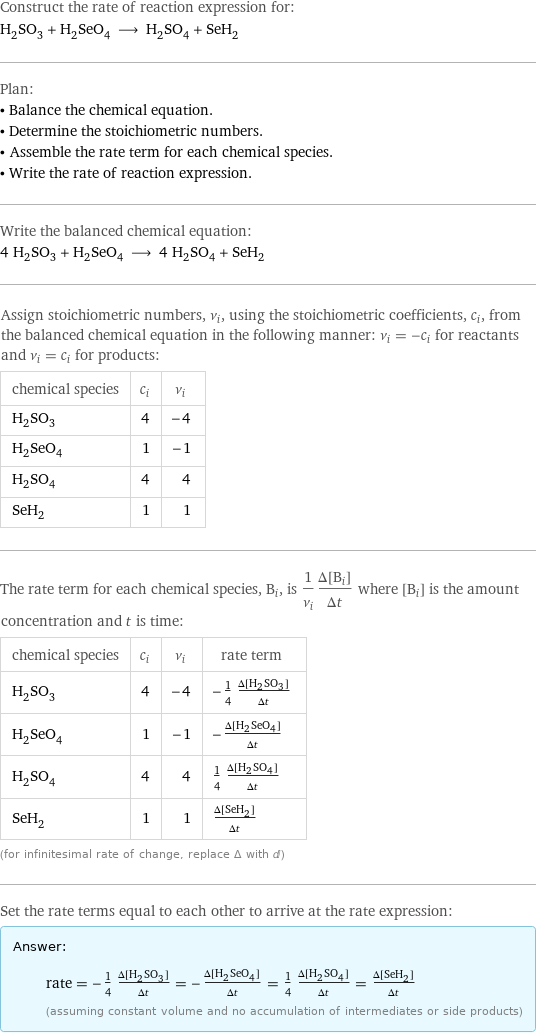 Construct the rate of reaction expression for: H_2SO_3 + H_2SeO_4 ⟶ H_2SO_4 + SeH_2 Plan: • Balance the chemical equation. • Determine the stoichiometric numbers. • Assemble the rate term for each chemical species. • Write the rate of reaction expression. Write the balanced chemical equation: 4 H_2SO_3 + H_2SeO_4 ⟶ 4 H_2SO_4 + SeH_2 Assign stoichiometric numbers, ν_i, using the stoichiometric coefficients, c_i, from the balanced chemical equation in the following manner: ν_i = -c_i for reactants and ν_i = c_i for products: chemical species | c_i | ν_i H_2SO_3 | 4 | -4 H_2SeO_4 | 1 | -1 H_2SO_4 | 4 | 4 SeH_2 | 1 | 1 The rate term for each chemical species, B_i, is 1/ν_i(Δ[B_i])/(Δt) where [B_i] is the amount concentration and t is time: chemical species | c_i | ν_i | rate term H_2SO_3 | 4 | -4 | -1/4 (Δ[H2SO3])/(Δt) H_2SeO_4 | 1 | -1 | -(Δ[H2SeO4])/(Δt) H_2SO_4 | 4 | 4 | 1/4 (Δ[H2SO4])/(Δt) SeH_2 | 1 | 1 | (Δ[SeH2])/(Δt) (for infinitesimal rate of change, replace Δ with d) Set the rate terms equal to each other to arrive at the rate expression: Answer: |   | rate = -1/4 (Δ[H2SO3])/(Δt) = -(Δ[H2SeO4])/(Δt) = 1/4 (Δ[H2SO4])/(Δt) = (Δ[SeH2])/(Δt) (assuming constant volume and no accumulation of intermediates or side products)