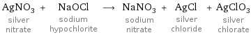 AgNO_3 silver nitrate + NaOCl sodium hypochlorite ⟶ NaNO_3 sodium nitrate + AgCl silver chloride + AgClO_3 silver chlorate