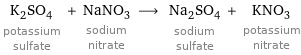 K_2SO_4 potassium sulfate + NaNO_3 sodium nitrate ⟶ Na_2SO_4 sodium sulfate + KNO_3 potassium nitrate