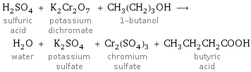 H_2SO_4 sulfuric acid + K_2Cr_2O_7 potassium dichromate + CH_3(CH_2)_3OH 1-butanol ⟶ H_2O water + K_2SO_4 potassium sulfate + Cr_2(SO_4)_3 chromium sulfate + CH_3CH_2CH_2COOH butyric acid