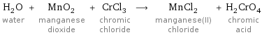 H_2O water + MnO_2 manganese dioxide + CrCl_3 chromic chloride ⟶ MnCl_2 manganese(II) chloride + H_2CrO_4 chromic acid