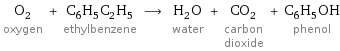 O_2 oxygen + C_6H_5C_2H_5 ethylbenzene ⟶ H_2O water + CO_2 carbon dioxide + C_6H_5OH phenol