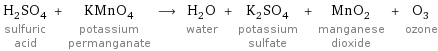 H_2SO_4 sulfuric acid + KMnO_4 potassium permanganate ⟶ H_2O water + K_2SO_4 potassium sulfate + MnO_2 manganese dioxide + O_3 ozone