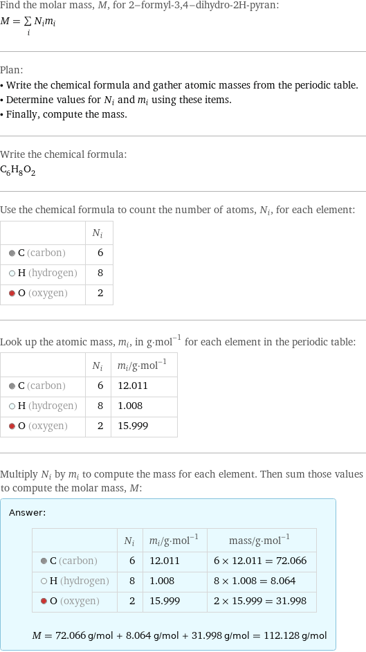 Find the molar mass, M, for 2-formyl-3, 4-dihydro-2H-pyran: M = sum _iN_im_i Plan: • Write the chemical formula and gather atomic masses from the periodic table. • Determine values for N_i and m_i using these items. • Finally, compute the mass. Write the chemical formula: C_6H_8O_2 Use the chemical formula to count the number of atoms, N_i, for each element:  | N_i  C (carbon) | 6  H (hydrogen) | 8  O (oxygen) | 2 Look up the atomic mass, m_i, in g·mol^(-1) for each element in the periodic table:  | N_i | m_i/g·mol^(-1)  C (carbon) | 6 | 12.011  H (hydrogen) | 8 | 1.008  O (oxygen) | 2 | 15.999 Multiply N_i by m_i to compute the mass for each element. Then sum those values to compute the molar mass, M: Answer: |   | | N_i | m_i/g·mol^(-1) | mass/g·mol^(-1)  C (carbon) | 6 | 12.011 | 6 × 12.011 = 72.066  H (hydrogen) | 8 | 1.008 | 8 × 1.008 = 8.064  O (oxygen) | 2 | 15.999 | 2 × 15.999 = 31.998  M = 72.066 g/mol + 8.064 g/mol + 31.998 g/mol = 112.128 g/mol