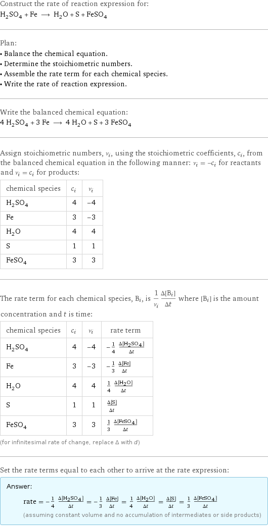 Construct the rate of reaction expression for: H_2SO_4 + Fe ⟶ H_2O + S + FeSO_4 Plan: • Balance the chemical equation. • Determine the stoichiometric numbers. • Assemble the rate term for each chemical species. • Write the rate of reaction expression. Write the balanced chemical equation: 4 H_2SO_4 + 3 Fe ⟶ 4 H_2O + S + 3 FeSO_4 Assign stoichiometric numbers, ν_i, using the stoichiometric coefficients, c_i, from the balanced chemical equation in the following manner: ν_i = -c_i for reactants and ν_i = c_i for products: chemical species | c_i | ν_i H_2SO_4 | 4 | -4 Fe | 3 | -3 H_2O | 4 | 4 S | 1 | 1 FeSO_4 | 3 | 3 The rate term for each chemical species, B_i, is 1/ν_i(Δ[B_i])/(Δt) where [B_i] is the amount concentration and t is time: chemical species | c_i | ν_i | rate term H_2SO_4 | 4 | -4 | -1/4 (Δ[H2SO4])/(Δt) Fe | 3 | -3 | -1/3 (Δ[Fe])/(Δt) H_2O | 4 | 4 | 1/4 (Δ[H2O])/(Δt) S | 1 | 1 | (Δ[S])/(Δt) FeSO_4 | 3 | 3 | 1/3 (Δ[FeSO4])/(Δt) (for infinitesimal rate of change, replace Δ with d) Set the rate terms equal to each other to arrive at the rate expression: Answer: |   | rate = -1/4 (Δ[H2SO4])/(Δt) = -1/3 (Δ[Fe])/(Δt) = 1/4 (Δ[H2O])/(Δt) = (Δ[S])/(Δt) = 1/3 (Δ[FeSO4])/(Δt) (assuming constant volume and no accumulation of intermediates or side products)