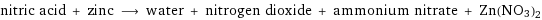 nitric acid + zinc ⟶ water + nitrogen dioxide + ammonium nitrate + Zn(NO3)2