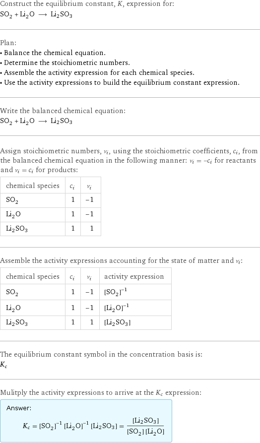 Construct the equilibrium constant, K, expression for: SO_2 + Li_2O ⟶ Li2SO3 Plan: • Balance the chemical equation. • Determine the stoichiometric numbers. • Assemble the activity expression for each chemical species. • Use the activity expressions to build the equilibrium constant expression. Write the balanced chemical equation: SO_2 + Li_2O ⟶ Li2SO3 Assign stoichiometric numbers, ν_i, using the stoichiometric coefficients, c_i, from the balanced chemical equation in the following manner: ν_i = -c_i for reactants and ν_i = c_i for products: chemical species | c_i | ν_i SO_2 | 1 | -1 Li_2O | 1 | -1 Li2SO3 | 1 | 1 Assemble the activity expressions accounting for the state of matter and ν_i: chemical species | c_i | ν_i | activity expression SO_2 | 1 | -1 | ([SO2])^(-1) Li_2O | 1 | -1 | ([Li2O])^(-1) Li2SO3 | 1 | 1 | [Li2SO3] The equilibrium constant symbol in the concentration basis is: K_c Mulitply the activity expressions to arrive at the K_c expression: Answer: |   | K_c = ([SO2])^(-1) ([Li2O])^(-1) [Li2SO3] = ([Li2SO3])/([SO2] [Li2O])