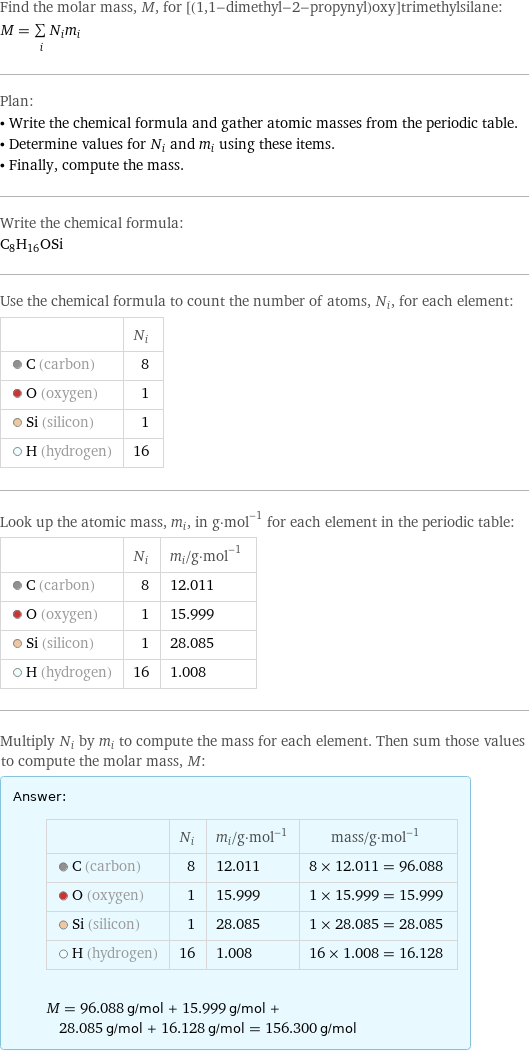 Find the molar mass, M, for [(1, 1-dimethyl-2-propynyl)oxy]trimethylsilane: M = sum _iN_im_i Plan: • Write the chemical formula and gather atomic masses from the periodic table. • Determine values for N_i and m_i using these items. • Finally, compute the mass. Write the chemical formula: C_8H_16OSi Use the chemical formula to count the number of atoms, N_i, for each element:  | N_i  C (carbon) | 8  O (oxygen) | 1  Si (silicon) | 1  H (hydrogen) | 16 Look up the atomic mass, m_i, in g·mol^(-1) for each element in the periodic table:  | N_i | m_i/g·mol^(-1)  C (carbon) | 8 | 12.011  O (oxygen) | 1 | 15.999  Si (silicon) | 1 | 28.085  H (hydrogen) | 16 | 1.008 Multiply N_i by m_i to compute the mass for each element. Then sum those values to compute the molar mass, M: Answer: |   | | N_i | m_i/g·mol^(-1) | mass/g·mol^(-1)  C (carbon) | 8 | 12.011 | 8 × 12.011 = 96.088  O (oxygen) | 1 | 15.999 | 1 × 15.999 = 15.999  Si (silicon) | 1 | 28.085 | 1 × 28.085 = 28.085  H (hydrogen) | 16 | 1.008 | 16 × 1.008 = 16.128  M = 96.088 g/mol + 15.999 g/mol + 28.085 g/mol + 16.128 g/mol = 156.300 g/mol