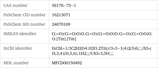 CAS number | 58176-73-1 PubChem CID number | 16213071 PubChem SID number | 24870109 SMILES identifier | C(=O)(C(=O)O)O.C(=O)(C(=O)O)O.C(=O)(C(=O)O)O.O.[Tm].[Tm] InChI identifier | InChI=1/3C2H2O4.H2O.2Tm/c3*3-1(4)2(5)6;;;/h3*(H, 3, 4)(H, 5, 6);1H2;;/f/h3*3, 5H;;; MDL number | MFCD00150492