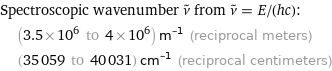 Spectroscopic wavenumber ν^~ from ν^~ = E/(hc):  | (3.5×10^6 to 4×10^6) m^(-1) (reciprocal meters)  | (35059 to 40031) cm^(-1) (reciprocal centimeters)