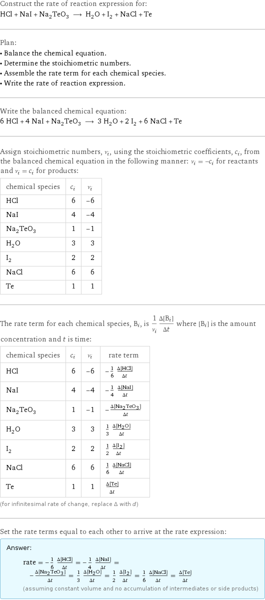 Construct the rate of reaction expression for: HCl + NaI + Na_2TeO_3 ⟶ H_2O + I_2 + NaCl + Te Plan: • Balance the chemical equation. • Determine the stoichiometric numbers. • Assemble the rate term for each chemical species. • Write the rate of reaction expression. Write the balanced chemical equation: 6 HCl + 4 NaI + Na_2TeO_3 ⟶ 3 H_2O + 2 I_2 + 6 NaCl + Te Assign stoichiometric numbers, ν_i, using the stoichiometric coefficients, c_i, from the balanced chemical equation in the following manner: ν_i = -c_i for reactants and ν_i = c_i for products: chemical species | c_i | ν_i HCl | 6 | -6 NaI | 4 | -4 Na_2TeO_3 | 1 | -1 H_2O | 3 | 3 I_2 | 2 | 2 NaCl | 6 | 6 Te | 1 | 1 The rate term for each chemical species, B_i, is 1/ν_i(Δ[B_i])/(Δt) where [B_i] is the amount concentration and t is time: chemical species | c_i | ν_i | rate term HCl | 6 | -6 | -1/6 (Δ[HCl])/(Δt) NaI | 4 | -4 | -1/4 (Δ[NaI])/(Δt) Na_2TeO_3 | 1 | -1 | -(Δ[Na2TeO3])/(Δt) H_2O | 3 | 3 | 1/3 (Δ[H2O])/(Δt) I_2 | 2 | 2 | 1/2 (Δ[I2])/(Δt) NaCl | 6 | 6 | 1/6 (Δ[NaCl])/(Δt) Te | 1 | 1 | (Δ[Te])/(Δt) (for infinitesimal rate of change, replace Δ with d) Set the rate terms equal to each other to arrive at the rate expression: Answer: |   | rate = -1/6 (Δ[HCl])/(Δt) = -1/4 (Δ[NaI])/(Δt) = -(Δ[Na2TeO3])/(Δt) = 1/3 (Δ[H2O])/(Δt) = 1/2 (Δ[I2])/(Δt) = 1/6 (Δ[NaCl])/(Δt) = (Δ[Te])/(Δt) (assuming constant volume and no accumulation of intermediates or side products)