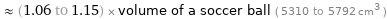  ≈ (1.06 to 1.15) × volume of a soccer ball ( 5310 to 5792 cm^3 )