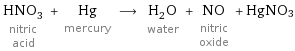 HNO_3 nitric acid + Hg mercury ⟶ H_2O water + NO nitric oxide + HgNO3