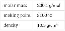 molar mass | 200.1 g/mol melting point | 3100 °C density | 10.5 g/cm^3