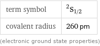 term symbol | ^2S_(1/2) covalent radius | 260 pm (electronic ground state properties)