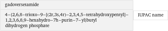 gadoversetamide 4-{2, 6, 8-trioxo-9-[(2r, 3s, 4r)-2, 3, 4, 5-tetrahydroxypentyl]-1, 2, 3, 6, 8, 9-hexahydro-7h-purin-7-yl}butyl dihydrogen phosphate | IUPAC name