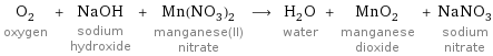 O_2 oxygen + NaOH sodium hydroxide + Mn(NO_3)_2 manganese(II) nitrate ⟶ H_2O water + MnO_2 manganese dioxide + NaNO_3 sodium nitrate