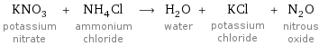 KNO_3 potassium nitrate + NH_4Cl ammonium chloride ⟶ H_2O water + KCl potassium chloride + N_2O nitrous oxide