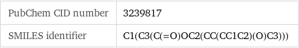 PubChem CID number | 3239817 SMILES identifier | C1(C3(C(=O)OC2(CC(CC1C2)(O)C3)))