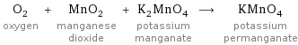 O_2 oxygen + MnO_2 manganese dioxide + K_2MnO_4 potassium manganate ⟶ KMnO_4 potassium permanganate