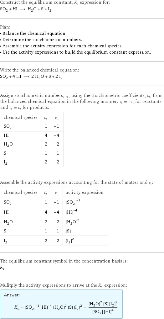 Construct the equilibrium constant, K, expression for: SO_2 + HI ⟶ H_2O + S + I_2 Plan: • Balance the chemical equation. • Determine the stoichiometric numbers. • Assemble the activity expression for each chemical species. • Use the activity expressions to build the equilibrium constant expression. Write the balanced chemical equation: SO_2 + 4 HI ⟶ 2 H_2O + S + 2 I_2 Assign stoichiometric numbers, ν_i, using the stoichiometric coefficients, c_i, from the balanced chemical equation in the following manner: ν_i = -c_i for reactants and ν_i = c_i for products: chemical species | c_i | ν_i SO_2 | 1 | -1 HI | 4 | -4 H_2O | 2 | 2 S | 1 | 1 I_2 | 2 | 2 Assemble the activity expressions accounting for the state of matter and ν_i: chemical species | c_i | ν_i | activity expression SO_2 | 1 | -1 | ([SO2])^(-1) HI | 4 | -4 | ([HI])^(-4) H_2O | 2 | 2 | ([H2O])^2 S | 1 | 1 | [S] I_2 | 2 | 2 | ([I2])^2 The equilibrium constant symbol in the concentration basis is: K_c Mulitply the activity expressions to arrive at the K_c expression: Answer: |   | K_c = ([SO2])^(-1) ([HI])^(-4) ([H2O])^2 [S] ([I2])^2 = (([H2O])^2 [S] ([I2])^2)/([SO2] ([HI])^4)