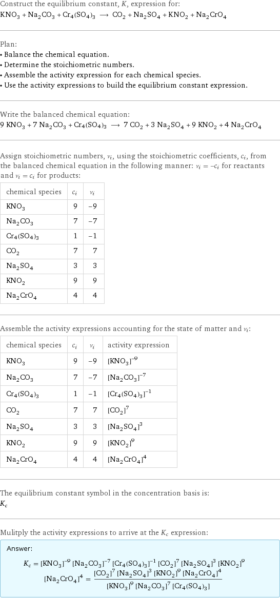 Construct the equilibrium constant, K, expression for: KNO_3 + Na_2CO_3 + Cr4(SO4)3 ⟶ CO_2 + Na_2SO_4 + KNO_2 + Na_2CrO_4 Plan: • Balance the chemical equation. • Determine the stoichiometric numbers. • Assemble the activity expression for each chemical species. • Use the activity expressions to build the equilibrium constant expression. Write the balanced chemical equation: 9 KNO_3 + 7 Na_2CO_3 + Cr4(SO4)3 ⟶ 7 CO_2 + 3 Na_2SO_4 + 9 KNO_2 + 4 Na_2CrO_4 Assign stoichiometric numbers, ν_i, using the stoichiometric coefficients, c_i, from the balanced chemical equation in the following manner: ν_i = -c_i for reactants and ν_i = c_i for products: chemical species | c_i | ν_i KNO_3 | 9 | -9 Na_2CO_3 | 7 | -7 Cr4(SO4)3 | 1 | -1 CO_2 | 7 | 7 Na_2SO_4 | 3 | 3 KNO_2 | 9 | 9 Na_2CrO_4 | 4 | 4 Assemble the activity expressions accounting for the state of matter and ν_i: chemical species | c_i | ν_i | activity expression KNO_3 | 9 | -9 | ([KNO3])^(-9) Na_2CO_3 | 7 | -7 | ([Na2CO3])^(-7) Cr4(SO4)3 | 1 | -1 | ([Cr4(SO4)3])^(-1) CO_2 | 7 | 7 | ([CO2])^7 Na_2SO_4 | 3 | 3 | ([Na2SO4])^3 KNO_2 | 9 | 9 | ([KNO2])^9 Na_2CrO_4 | 4 | 4 | ([Na2CrO4])^4 The equilibrium constant symbol in the concentration basis is: K_c Mulitply the activity expressions to arrive at the K_c expression: Answer: |   | K_c = ([KNO3])^(-9) ([Na2CO3])^(-7) ([Cr4(SO4)3])^(-1) ([CO2])^7 ([Na2SO4])^3 ([KNO2])^9 ([Na2CrO4])^4 = (([CO2])^7 ([Na2SO4])^3 ([KNO2])^9 ([Na2CrO4])^4)/(([KNO3])^9 ([Na2CO3])^7 [Cr4(SO4)3])