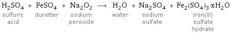 H_2SO_4 sulfuric acid + FeSO_4 duretter + Na_2O_2 sodium peroxide ⟶ H_2O water + Na_2SO_4 sodium sulfate + Fe_2(SO_4)_3·xH_2O iron(III) sulfate hydrate