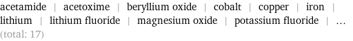 acetamide | acetoxime | beryllium oxide | cobalt | copper | iron | lithium | lithium fluoride | magnesium oxide | potassium fluoride | ... (total: 17)
