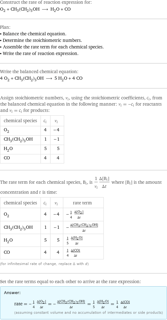 Construct the rate of reaction expression for: O_2 + CH_3(CH_2)_3OH ⟶ H_2O + CO Plan: • Balance the chemical equation. • Determine the stoichiometric numbers. • Assemble the rate term for each chemical species. • Write the rate of reaction expression. Write the balanced chemical equation: 4 O_2 + CH_3(CH_2)_3OH ⟶ 5 H_2O + 4 CO Assign stoichiometric numbers, ν_i, using the stoichiometric coefficients, c_i, from the balanced chemical equation in the following manner: ν_i = -c_i for reactants and ν_i = c_i for products: chemical species | c_i | ν_i O_2 | 4 | -4 CH_3(CH_2)_3OH | 1 | -1 H_2O | 5 | 5 CO | 4 | 4 The rate term for each chemical species, B_i, is 1/ν_i(Δ[B_i])/(Δt) where [B_i] is the amount concentration and t is time: chemical species | c_i | ν_i | rate term O_2 | 4 | -4 | -1/4 (Δ[O2])/(Δt) CH_3(CH_2)_3OH | 1 | -1 | -(Δ[CH3(CH2)3OH])/(Δt) H_2O | 5 | 5 | 1/5 (Δ[H2O])/(Δt) CO | 4 | 4 | 1/4 (Δ[CO])/(Δt) (for infinitesimal rate of change, replace Δ with d) Set the rate terms equal to each other to arrive at the rate expression: Answer: |   | rate = -1/4 (Δ[O2])/(Δt) = -(Δ[CH3(CH2)3OH])/(Δt) = 1/5 (Δ[H2O])/(Δt) = 1/4 (Δ[CO])/(Δt) (assuming constant volume and no accumulation of intermediates or side products)