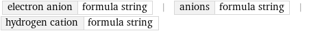 electron anion | formula string | anions | formula string | hydrogen cation | formula string