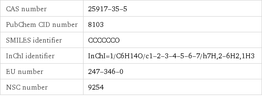 CAS number | 25917-35-5 PubChem CID number | 8103 SMILES identifier | CCCCCCO InChI identifier | InChI=1/C6H14O/c1-2-3-4-5-6-7/h7H, 2-6H2, 1H3 EU number | 247-346-0 NSC number | 9254