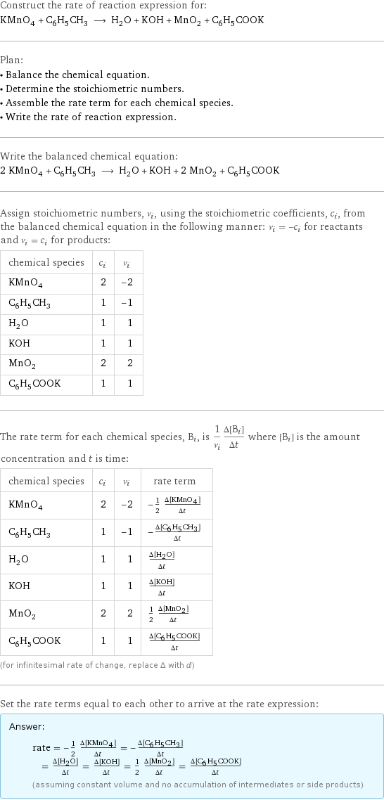 Construct the rate of reaction expression for: KMnO_4 + C_6H_5CH_3 ⟶ H_2O + KOH + MnO_2 + C_6H_5COOK Plan: • Balance the chemical equation. • Determine the stoichiometric numbers. • Assemble the rate term for each chemical species. • Write the rate of reaction expression. Write the balanced chemical equation: 2 KMnO_4 + C_6H_5CH_3 ⟶ H_2O + KOH + 2 MnO_2 + C_6H_5COOK Assign stoichiometric numbers, ν_i, using the stoichiometric coefficients, c_i, from the balanced chemical equation in the following manner: ν_i = -c_i for reactants and ν_i = c_i for products: chemical species | c_i | ν_i KMnO_4 | 2 | -2 C_6H_5CH_3 | 1 | -1 H_2O | 1 | 1 KOH | 1 | 1 MnO_2 | 2 | 2 C_6H_5COOK | 1 | 1 The rate term for each chemical species, B_i, is 1/ν_i(Δ[B_i])/(Δt) where [B_i] is the amount concentration and t is time: chemical species | c_i | ν_i | rate term KMnO_4 | 2 | -2 | -1/2 (Δ[KMnO4])/(Δt) C_6H_5CH_3 | 1 | -1 | -(Δ[C6H5CH3])/(Δt) H_2O | 1 | 1 | (Δ[H2O])/(Δt) KOH | 1 | 1 | (Δ[KOH])/(Δt) MnO_2 | 2 | 2 | 1/2 (Δ[MnO2])/(Δt) C_6H_5COOK | 1 | 1 | (Δ[C6H5COOK])/(Δt) (for infinitesimal rate of change, replace Δ with d) Set the rate terms equal to each other to arrive at the rate expression: Answer: |   | rate = -1/2 (Δ[KMnO4])/(Δt) = -(Δ[C6H5CH3])/(Δt) = (Δ[H2O])/(Δt) = (Δ[KOH])/(Δt) = 1/2 (Δ[MnO2])/(Δt) = (Δ[C6H5COOK])/(Δt) (assuming constant volume and no accumulation of intermediates or side products)