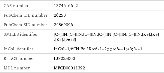 CAS number | 13746-66-2 PubChem CID number | 26250 PubChem SID number | 24869096 SMILES identifier | [C-]#N.[C-]#N.[C-]#N.[C-]#N.[C-]#N.[C-]#N.[K+].[K+].[K+].[Fe+3] InChI identifier | InChI=1/6CN.Fe.3K/c6*1-2;;;;/q6*-1;+3;3*+1 RTECS number | LJ8225000 MDL number | MFCD00011392