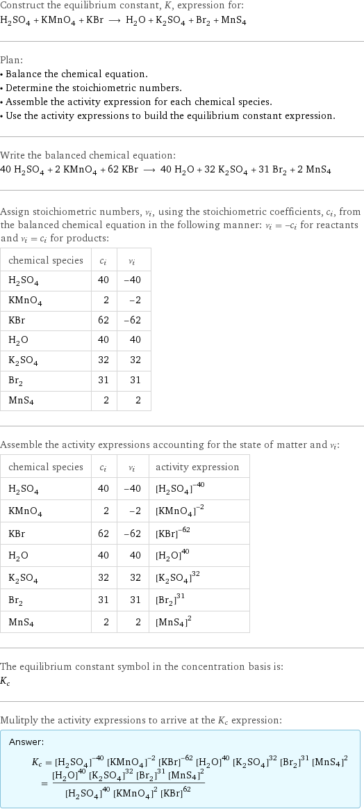 Construct the equilibrium constant, K, expression for: H_2SO_4 + KMnO_4 + KBr ⟶ H_2O + K_2SO_4 + Br_2 + MnS4 Plan: • Balance the chemical equation. • Determine the stoichiometric numbers. • Assemble the activity expression for each chemical species. • Use the activity expressions to build the equilibrium constant expression. Write the balanced chemical equation: 40 H_2SO_4 + 2 KMnO_4 + 62 KBr ⟶ 40 H_2O + 32 K_2SO_4 + 31 Br_2 + 2 MnS4 Assign stoichiometric numbers, ν_i, using the stoichiometric coefficients, c_i, from the balanced chemical equation in the following manner: ν_i = -c_i for reactants and ν_i = c_i for products: chemical species | c_i | ν_i H_2SO_4 | 40 | -40 KMnO_4 | 2 | -2 KBr | 62 | -62 H_2O | 40 | 40 K_2SO_4 | 32 | 32 Br_2 | 31 | 31 MnS4 | 2 | 2 Assemble the activity expressions accounting for the state of matter and ν_i: chemical species | c_i | ν_i | activity expression H_2SO_4 | 40 | -40 | ([H2SO4])^(-40) KMnO_4 | 2 | -2 | ([KMnO4])^(-2) KBr | 62 | -62 | ([KBr])^(-62) H_2O | 40 | 40 | ([H2O])^40 K_2SO_4 | 32 | 32 | ([K2SO4])^32 Br_2 | 31 | 31 | ([Br2])^31 MnS4 | 2 | 2 | ([MnS4])^2 The equilibrium constant symbol in the concentration basis is: K_c Mulitply the activity expressions to arrive at the K_c expression: Answer: |   | K_c = ([H2SO4])^(-40) ([KMnO4])^(-2) ([KBr])^(-62) ([H2O])^40 ([K2SO4])^32 ([Br2])^31 ([MnS4])^2 = (([H2O])^40 ([K2SO4])^32 ([Br2])^31 ([MnS4])^2)/(([H2SO4])^40 ([KMnO4])^2 ([KBr])^62)