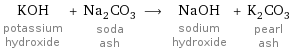 KOH potassium hydroxide + Na_2CO_3 soda ash ⟶ NaOH sodium hydroxide + K_2CO_3 pearl ash