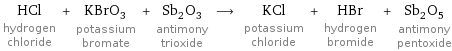 HCl hydrogen chloride + KBrO_3 potassium bromate + Sb_2O_3 antimony trioxide ⟶ KCl potassium chloride + HBr hydrogen bromide + Sb_2O_5 antimony pentoxide