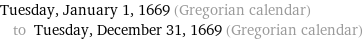 Tuesday, January 1, 1669 (Gregorian calendar) to Tuesday, December 31, 1669 (Gregorian calendar)