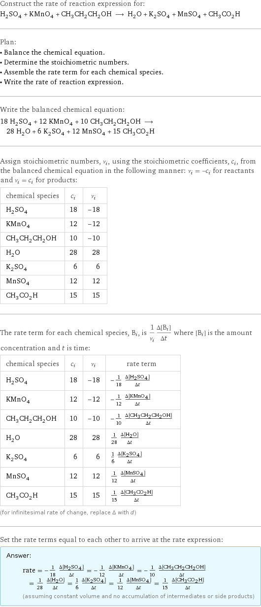 Construct the rate of reaction expression for: H_2SO_4 + KMnO_4 + CH_3CH_2CH_2OH ⟶ H_2O + K_2SO_4 + MnSO_4 + CH_3CO_2H Plan: • Balance the chemical equation. • Determine the stoichiometric numbers. • Assemble the rate term for each chemical species. • Write the rate of reaction expression. Write the balanced chemical equation: 18 H_2SO_4 + 12 KMnO_4 + 10 CH_3CH_2CH_2OH ⟶ 28 H_2O + 6 K_2SO_4 + 12 MnSO_4 + 15 CH_3CO_2H Assign stoichiometric numbers, ν_i, using the stoichiometric coefficients, c_i, from the balanced chemical equation in the following manner: ν_i = -c_i for reactants and ν_i = c_i for products: chemical species | c_i | ν_i H_2SO_4 | 18 | -18 KMnO_4 | 12 | -12 CH_3CH_2CH_2OH | 10 | -10 H_2O | 28 | 28 K_2SO_4 | 6 | 6 MnSO_4 | 12 | 12 CH_3CO_2H | 15 | 15 The rate term for each chemical species, B_i, is 1/ν_i(Δ[B_i])/(Δt) where [B_i] is the amount concentration and t is time: chemical species | c_i | ν_i | rate term H_2SO_4 | 18 | -18 | -1/18 (Δ[H2SO4])/(Δt) KMnO_4 | 12 | -12 | -1/12 (Δ[KMnO4])/(Δt) CH_3CH_2CH_2OH | 10 | -10 | -1/10 (Δ[CH3CH2CH2OH])/(Δt) H_2O | 28 | 28 | 1/28 (Δ[H2O])/(Δt) K_2SO_4 | 6 | 6 | 1/6 (Δ[K2SO4])/(Δt) MnSO_4 | 12 | 12 | 1/12 (Δ[MnSO4])/(Δt) CH_3CO_2H | 15 | 15 | 1/15 (Δ[CH3CO2H])/(Δt) (for infinitesimal rate of change, replace Δ with d) Set the rate terms equal to each other to arrive at the rate expression: Answer: |   | rate = -1/18 (Δ[H2SO4])/(Δt) = -1/12 (Δ[KMnO4])/(Δt) = -1/10 (Δ[CH3CH2CH2OH])/(Δt) = 1/28 (Δ[H2O])/(Δt) = 1/6 (Δ[K2SO4])/(Δt) = 1/12 (Δ[MnSO4])/(Δt) = 1/15 (Δ[CH3CO2H])/(Δt) (assuming constant volume and no accumulation of intermediates or side products)