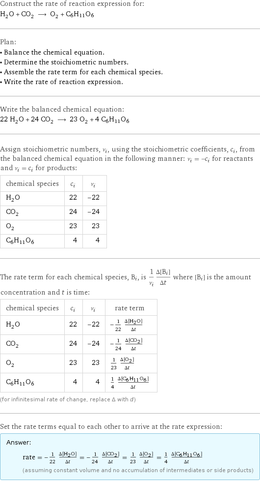 Construct the rate of reaction expression for: H_2O + CO_2 ⟶ O_2 + C6H11O6 Plan: • Balance the chemical equation. • Determine the stoichiometric numbers. • Assemble the rate term for each chemical species. • Write the rate of reaction expression. Write the balanced chemical equation: 22 H_2O + 24 CO_2 ⟶ 23 O_2 + 4 C6H11O6 Assign stoichiometric numbers, ν_i, using the stoichiometric coefficients, c_i, from the balanced chemical equation in the following manner: ν_i = -c_i for reactants and ν_i = c_i for products: chemical species | c_i | ν_i H_2O | 22 | -22 CO_2 | 24 | -24 O_2 | 23 | 23 C6H11O6 | 4 | 4 The rate term for each chemical species, B_i, is 1/ν_i(Δ[B_i])/(Δt) where [B_i] is the amount concentration and t is time: chemical species | c_i | ν_i | rate term H_2O | 22 | -22 | -1/22 (Δ[H2O])/(Δt) CO_2 | 24 | -24 | -1/24 (Δ[CO2])/(Δt) O_2 | 23 | 23 | 1/23 (Δ[O2])/(Δt) C6H11O6 | 4 | 4 | 1/4 (Δ[C6H11O6])/(Δt) (for infinitesimal rate of change, replace Δ with d) Set the rate terms equal to each other to arrive at the rate expression: Answer: |   | rate = -1/22 (Δ[H2O])/(Δt) = -1/24 (Δ[CO2])/(Δt) = 1/23 (Δ[O2])/(Δt) = 1/4 (Δ[C6H11O6])/(Δt) (assuming constant volume and no accumulation of intermediates or side products)