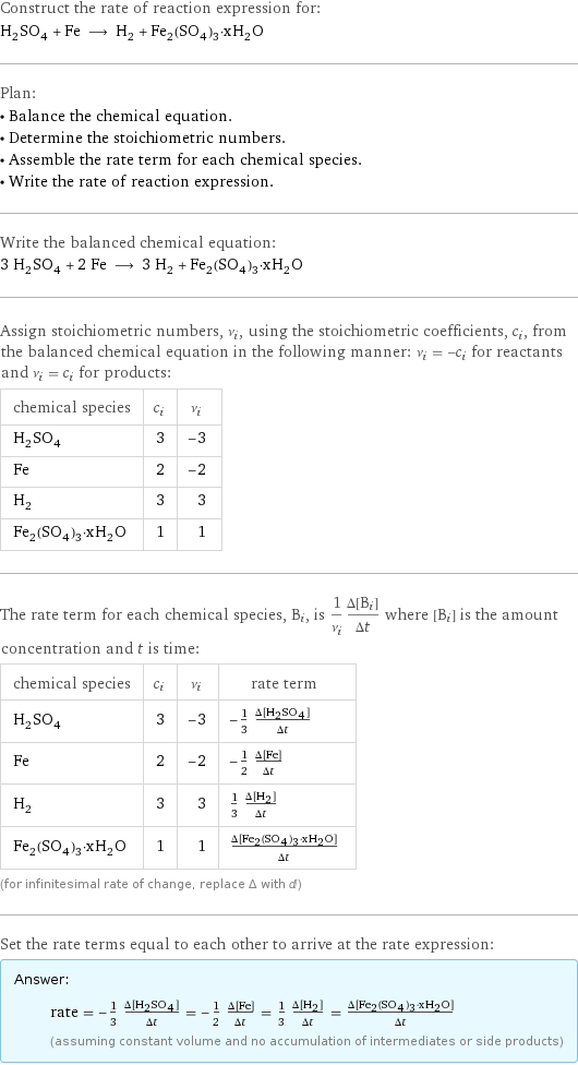 Construct the rate of reaction expression for: H_2SO_4 + Fe ⟶ H_2 + Fe_2(SO_4)_3·xH_2O Plan: • Balance the chemical equation. • Determine the stoichiometric numbers. • Assemble the rate term for each chemical species. • Write the rate of reaction expression. Write the balanced chemical equation: 3 H_2SO_4 + 2 Fe ⟶ 3 H_2 + Fe_2(SO_4)_3·xH_2O Assign stoichiometric numbers, ν_i, using the stoichiometric coefficients, c_i, from the balanced chemical equation in the following manner: ν_i = -c_i for reactants and ν_i = c_i for products: chemical species | c_i | ν_i H_2SO_4 | 3 | -3 Fe | 2 | -2 H_2 | 3 | 3 Fe_2(SO_4)_3·xH_2O | 1 | 1 The rate term for each chemical species, B_i, is 1/ν_i(Δ[B_i])/(Δt) where [B_i] is the amount concentration and t is time: chemical species | c_i | ν_i | rate term H_2SO_4 | 3 | -3 | -1/3 (Δ[H2SO4])/(Δt) Fe | 2 | -2 | -1/2 (Δ[Fe])/(Δt) H_2 | 3 | 3 | 1/3 (Δ[H2])/(Δt) Fe_2(SO_4)_3·xH_2O | 1 | 1 | (Δ[Fe2(SO4)3·xH2O])/(Δt) (for infinitesimal rate of change, replace Δ with d) Set the rate terms equal to each other to arrive at the rate expression: Answer: |   | rate = -1/3 (Δ[H2SO4])/(Δt) = -1/2 (Δ[Fe])/(Δt) = 1/3 (Δ[H2])/(Δt) = (Δ[Fe2(SO4)3·xH2O])/(Δt) (assuming constant volume and no accumulation of intermediates or side products)