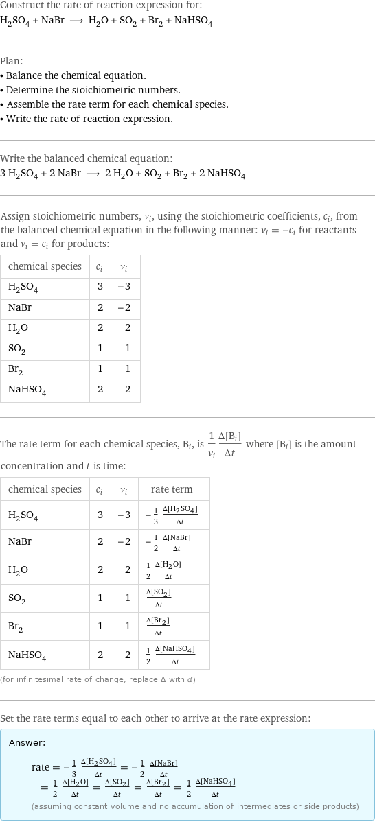 Construct the rate of reaction expression for: H_2SO_4 + NaBr ⟶ H_2O + SO_2 + Br_2 + NaHSO_4 Plan: • Balance the chemical equation. • Determine the stoichiometric numbers. • Assemble the rate term for each chemical species. • Write the rate of reaction expression. Write the balanced chemical equation: 3 H_2SO_4 + 2 NaBr ⟶ 2 H_2O + SO_2 + Br_2 + 2 NaHSO_4 Assign stoichiometric numbers, ν_i, using the stoichiometric coefficients, c_i, from the balanced chemical equation in the following manner: ν_i = -c_i for reactants and ν_i = c_i for products: chemical species | c_i | ν_i H_2SO_4 | 3 | -3 NaBr | 2 | -2 H_2O | 2 | 2 SO_2 | 1 | 1 Br_2 | 1 | 1 NaHSO_4 | 2 | 2 The rate term for each chemical species, B_i, is 1/ν_i(Δ[B_i])/(Δt) where [B_i] is the amount concentration and t is time: chemical species | c_i | ν_i | rate term H_2SO_4 | 3 | -3 | -1/3 (Δ[H2SO4])/(Δt) NaBr | 2 | -2 | -1/2 (Δ[NaBr])/(Δt) H_2O | 2 | 2 | 1/2 (Δ[H2O])/(Δt) SO_2 | 1 | 1 | (Δ[SO2])/(Δt) Br_2 | 1 | 1 | (Δ[Br2])/(Δt) NaHSO_4 | 2 | 2 | 1/2 (Δ[NaHSO4])/(Δt) (for infinitesimal rate of change, replace Δ with d) Set the rate terms equal to each other to arrive at the rate expression: Answer: |   | rate = -1/3 (Δ[H2SO4])/(Δt) = -1/2 (Δ[NaBr])/(Δt) = 1/2 (Δ[H2O])/(Δt) = (Δ[SO2])/(Δt) = (Δ[Br2])/(Δt) = 1/2 (Δ[NaHSO4])/(Δt) (assuming constant volume and no accumulation of intermediates or side products)