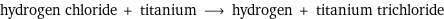 hydrogen chloride + titanium ⟶ hydrogen + titanium trichloride