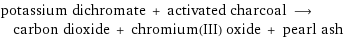 potassium dichromate + activated charcoal ⟶ carbon dioxide + chromium(III) oxide + pearl ash